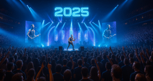 Ilustrasi konser musik 2025 dengan panggung modern dan penonton antusias