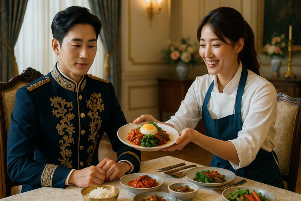 Ilustrasi drama Korea Bon Appétit, Your Majesty dengan tema romansa dan kuliner di istana