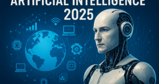 Ilustrasi digital tentang Artificial Intelligence 2025 dengan simbol teknologi, robot, dan inovasi global.