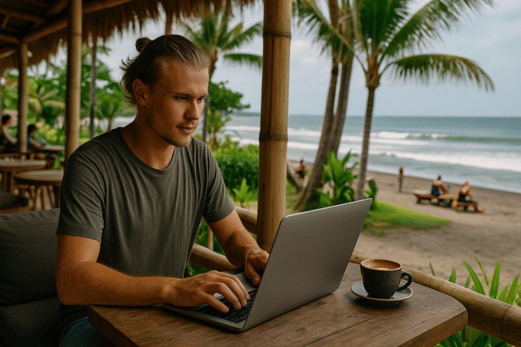 Work From Anywhere 2025: Bagaimana Gaya Hidup Digital Nomad Mengubah Cara Hidup Generasi Muda di Indonesia bekerja di kafe pantai