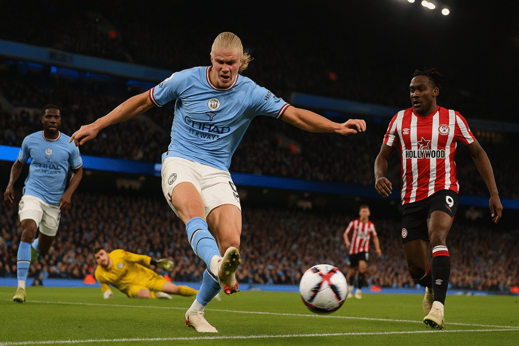 Erling Haaland Gemilang! Manchester City Tekuk Brentford dan Puncaki Klasemen Liga Inggris erling haaland merayakan go