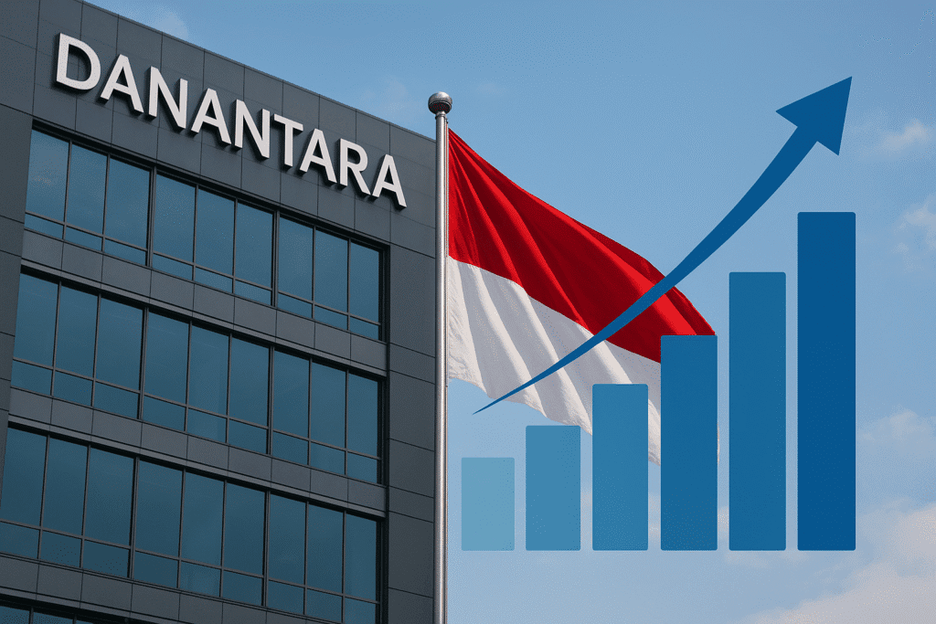Danantara Siapkan Investasi US$10 Miliar: Langkah Besar Sovereign Wealth Fund Indonesia Menuju Ekspansi Global gedung danantara dengan grafik pertumbuhan