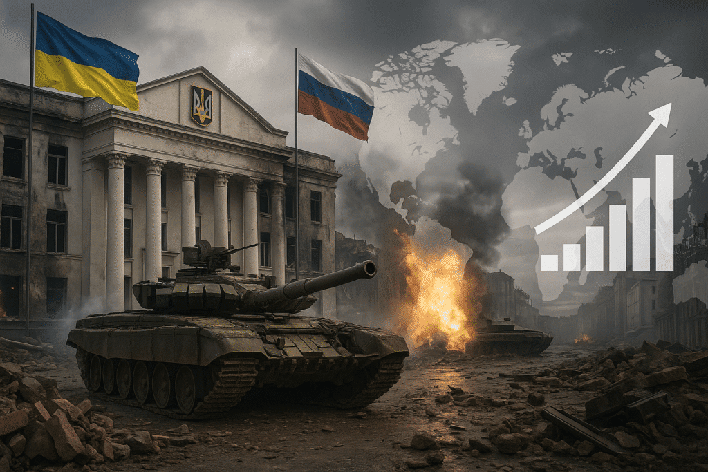 Konflik Ukraina Terbaru: Dampak Eskalasi Terhadap Politik Global dan Pasar Energi Gedung pemerintahan Ukraina dengan latar tank dan bendera Rusia-Ukraina, simbol eskalasi konflik 2025.