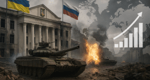 Gedung pemerintahan Ukraina dengan latar tank dan bendera Rusia-Ukraina, simbol eskalasi konflik 2025.