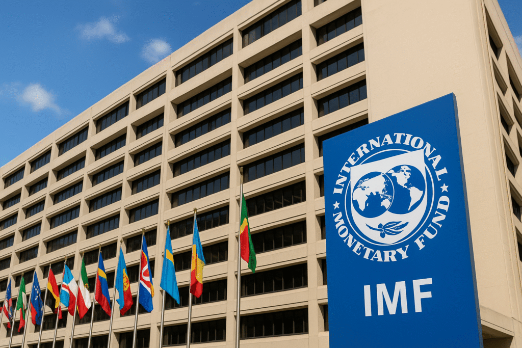IMF Naikkan Proyeksi Pertumbuhan Global 2025 Jadi 3,2%: Optimisme Dunia di Tengah Ancaman Proteksionisme kantor imf dengan deretan bendera