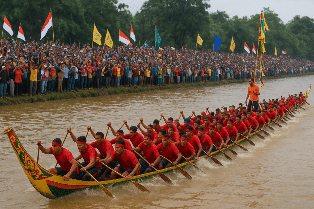 pacu jalur riau 2025 dengan pendayung kompak di sungai.