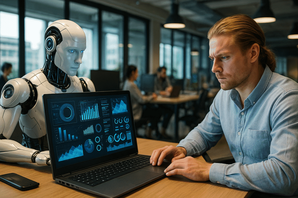 Tren Teknologi 2025: AI Semakin Cerdas, Tapi Apakah Aman untuk Pekerjaan Manusia? pekerja manusia berkolaborasi dengan kecerdasan