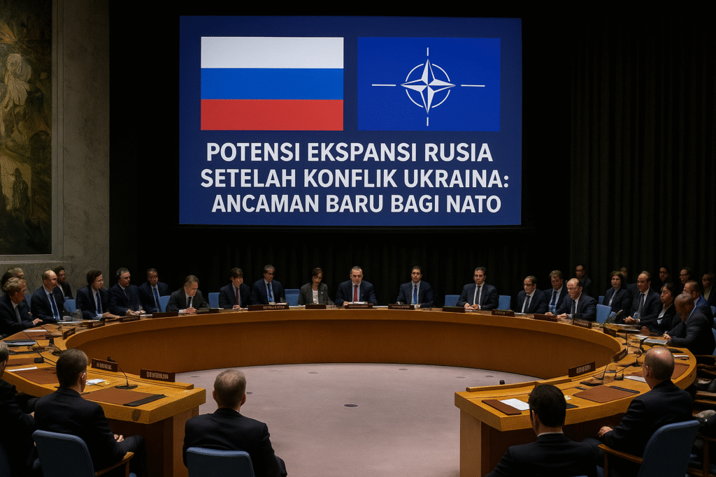 Potensi Ekspansi Rusia Setelah Konflik Ukraina: Ancaman Baru Bagi NATO Sidang Dewan Keamanan PBB membahas potensi ekspansi Rusia setelah konflik Ukraina, menampilkan bendera Rusia dan NATO di layar